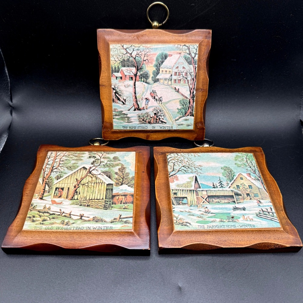 Vintage Currier & Ives Winter Wood Wall Plaques Set of 3 Homestead Americana
